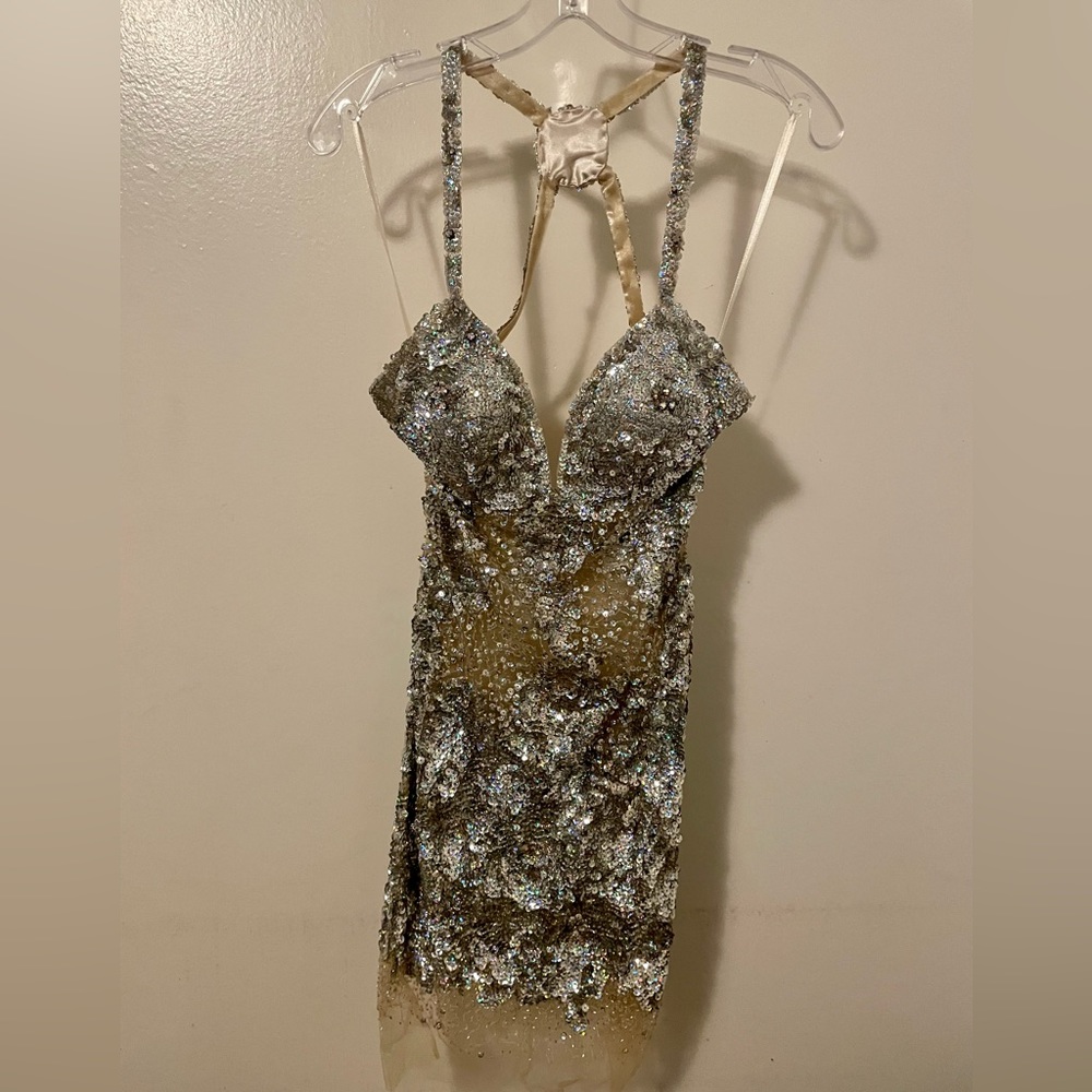 Jovani Glittering Silver Mini Dress - Picture 2 of 11